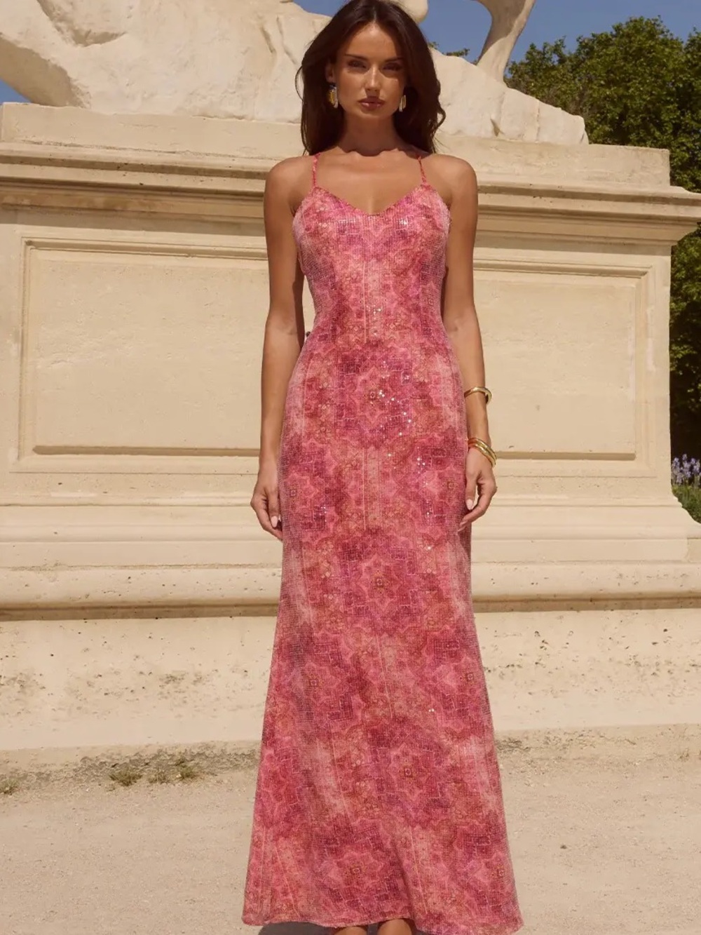 Scalloped V-Neck Pink Floral Maxi Slip Dress